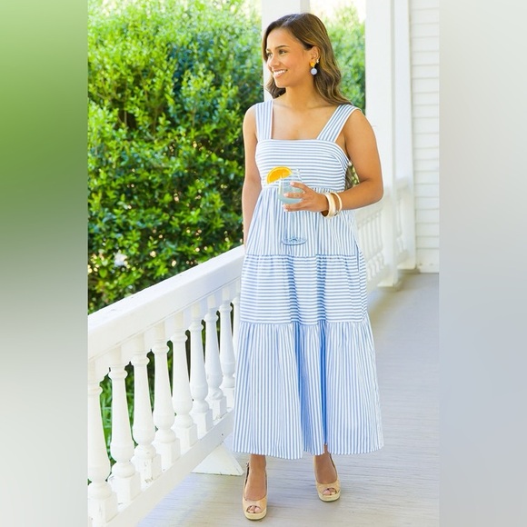LIKE NEW Ramona Striped Midi Dress Blue and White Large - Picture 2 of 9